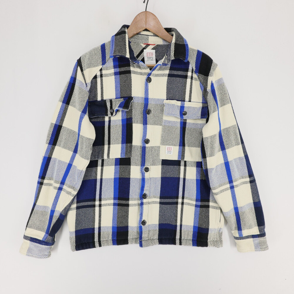 Topo Designs Mountain Shirt Jacket Mens L Blue Plaid Heavyweight Flannel Shacket